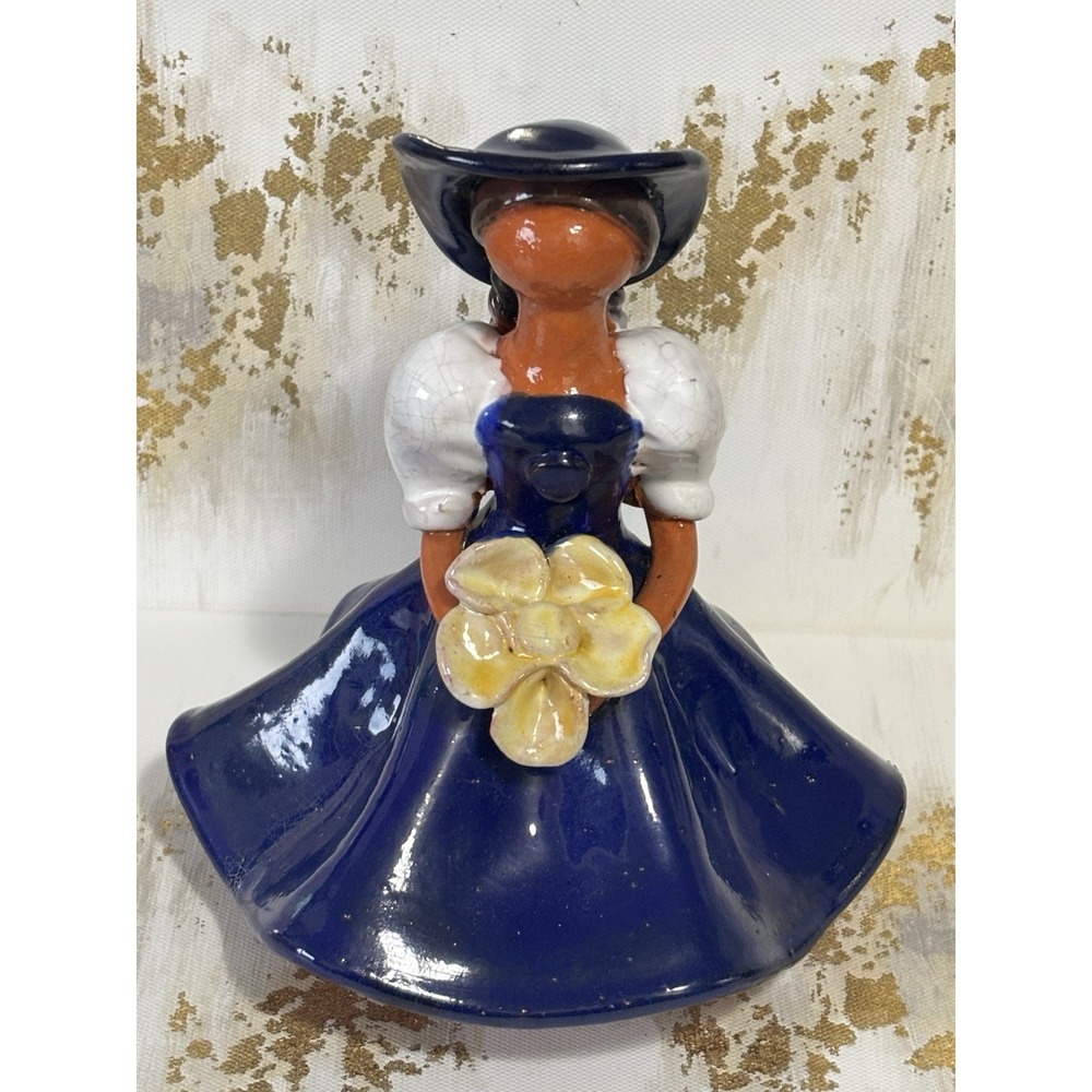 Vintage Folk Art Faceless Lady Figurine Terracotta Blue Dress Yellow Flower 6”